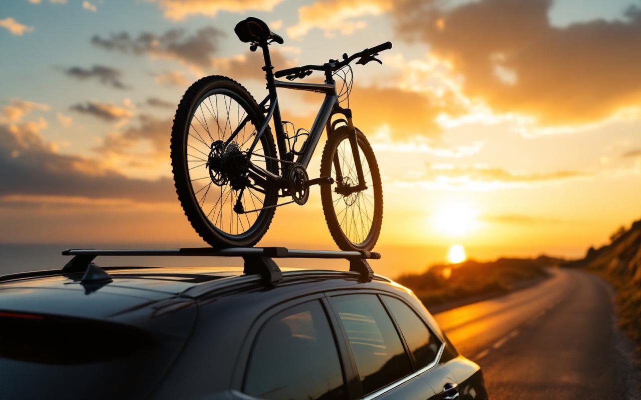 Voiture avec coffre de toit et vélos fixés sur des barres transversales, au coucher du soleil, lumière chaude dorée et ombres profondes, arrière-plan routier naturel, ambiance réaliste et cinématographique.